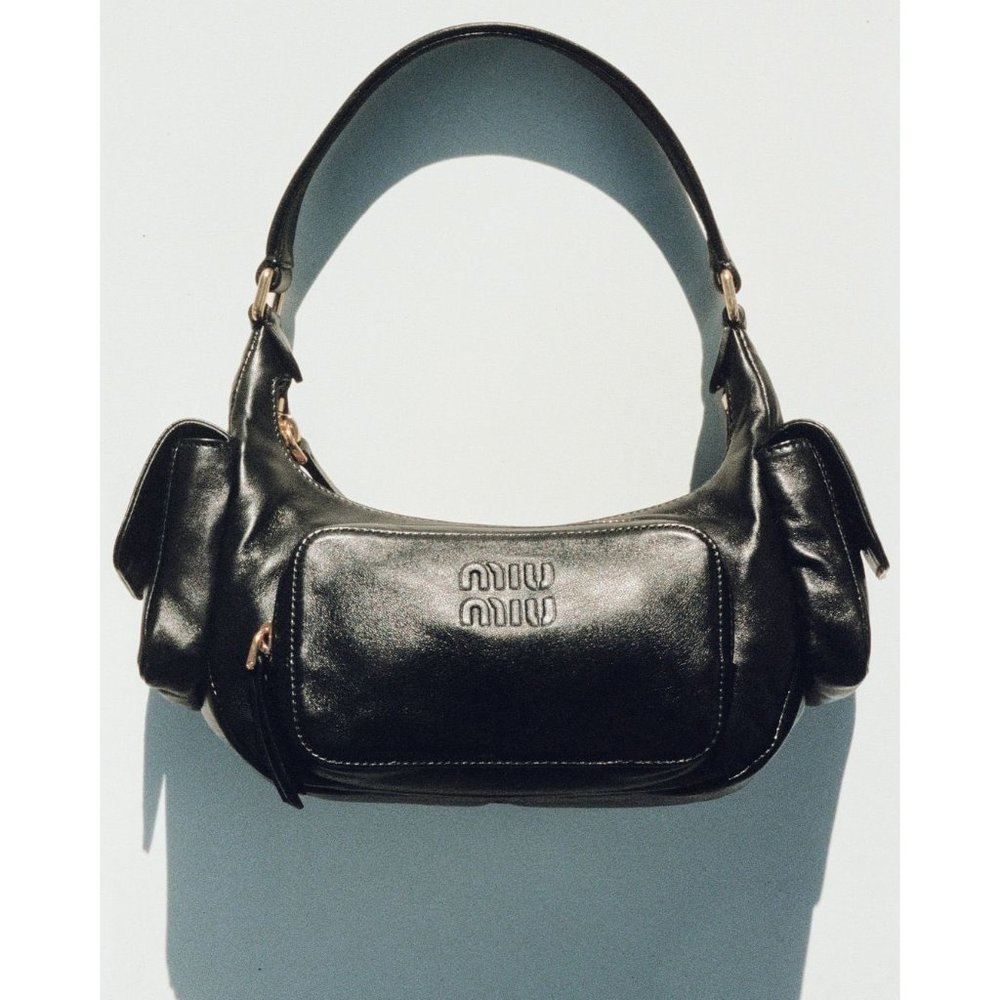 NEW SS 23 MIU MIU Black Nappa Leather Pocket Bag Handbag Purse Receipt Tags